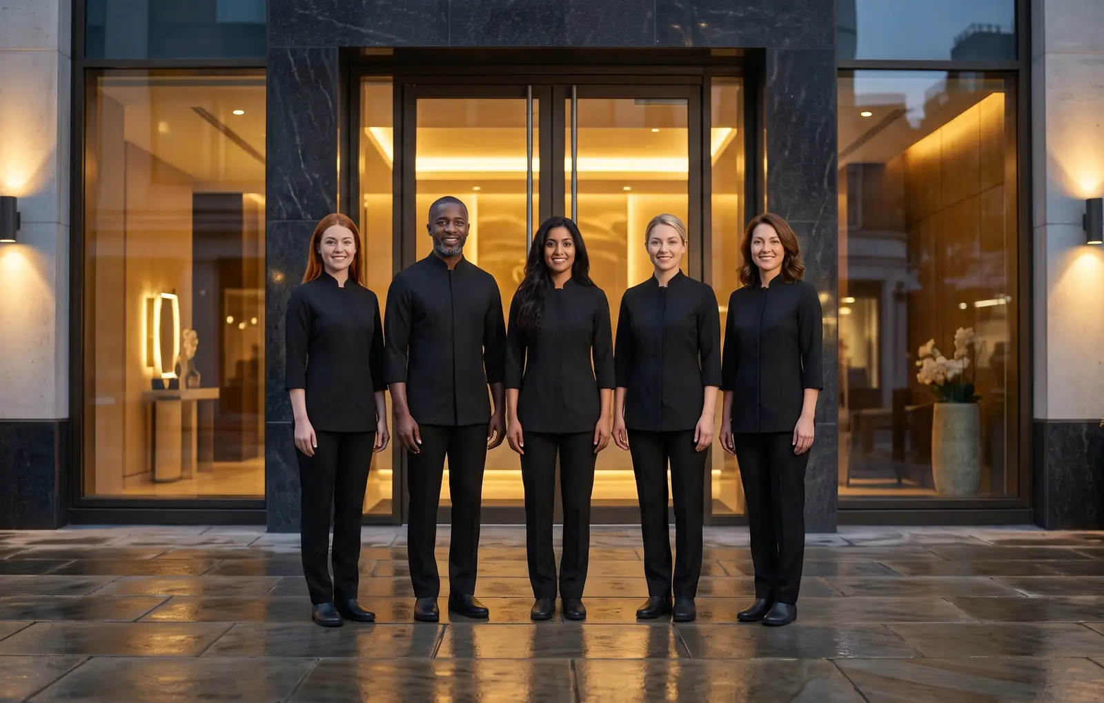 The LUMÉ team standing together in front of the clinic in warm evening light
