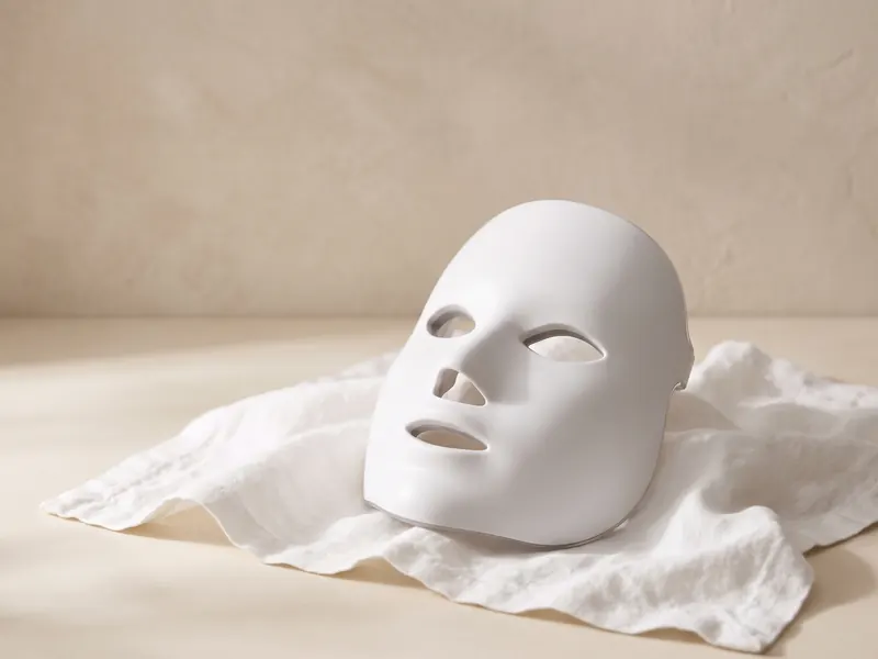 White LED light-therapy face mask resting on soft linen