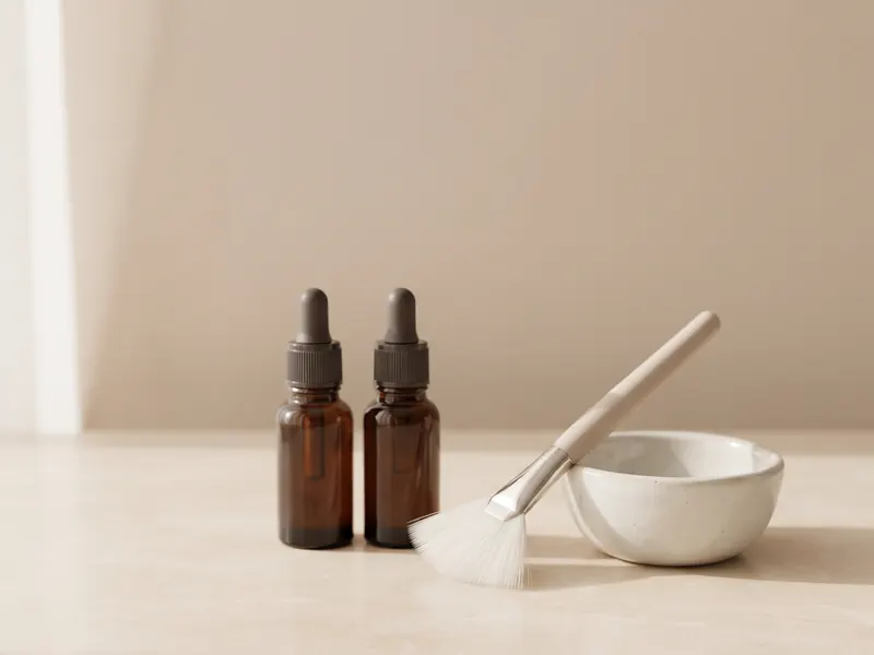 Two amber dropper bottles, a fan brush and a small mixing bowl