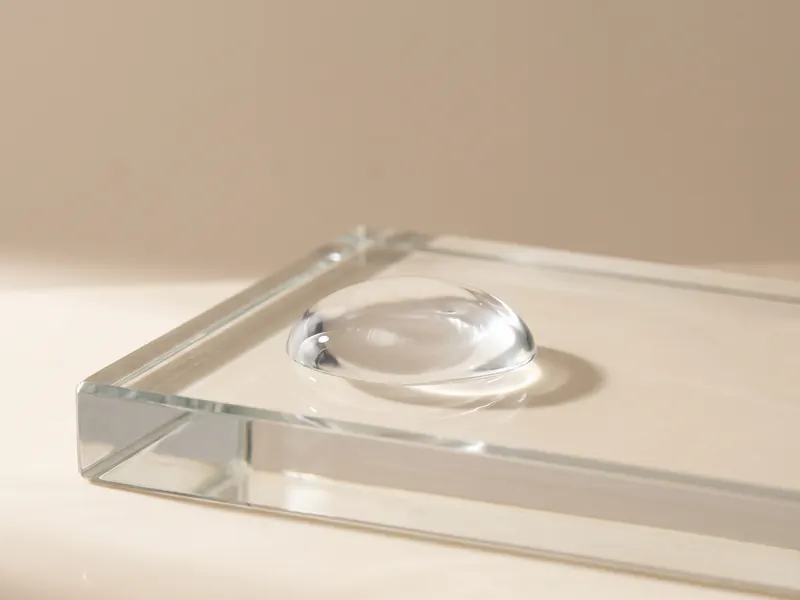 Clear droplet of hyaluronic gel resting on a glass block