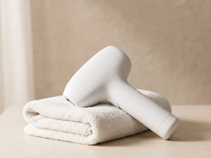 White handheld laser device resting on a folded towel
