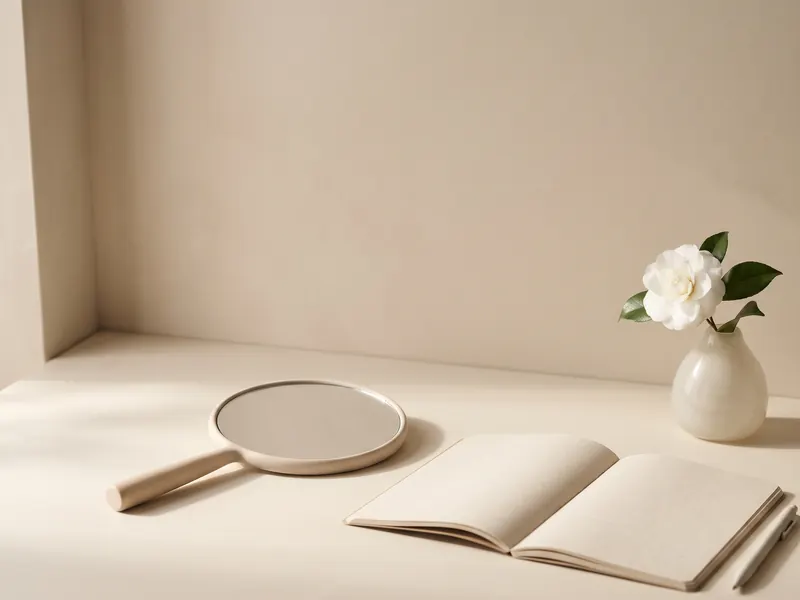 Hand mirror, open notebook and pen on a calm consultation desk