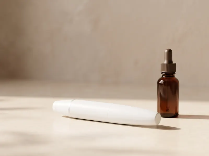 White pen-shaped skin device beside an amber serum bottle