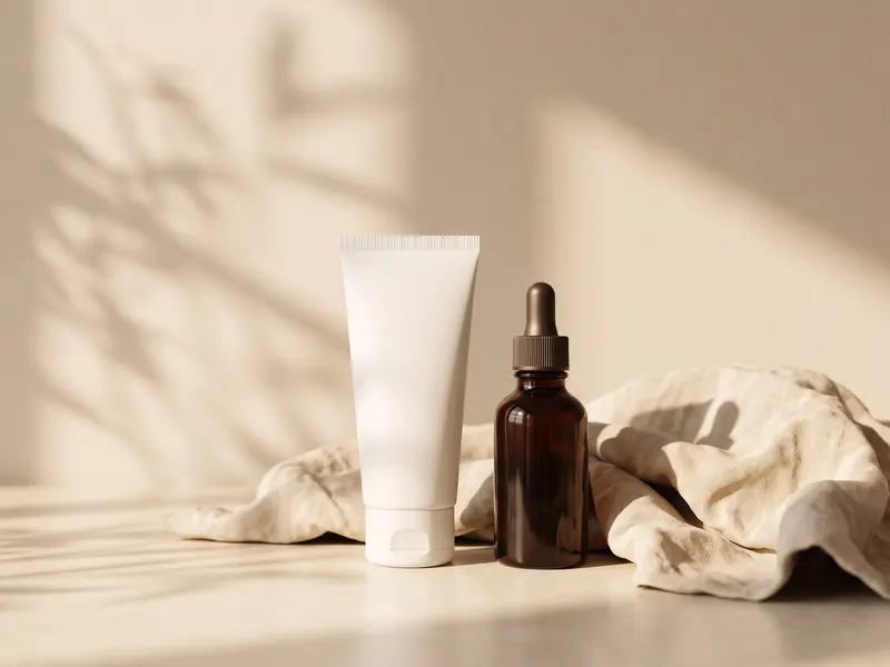Cream tube and serum bottle in warm sunlight with soft leaf shadows