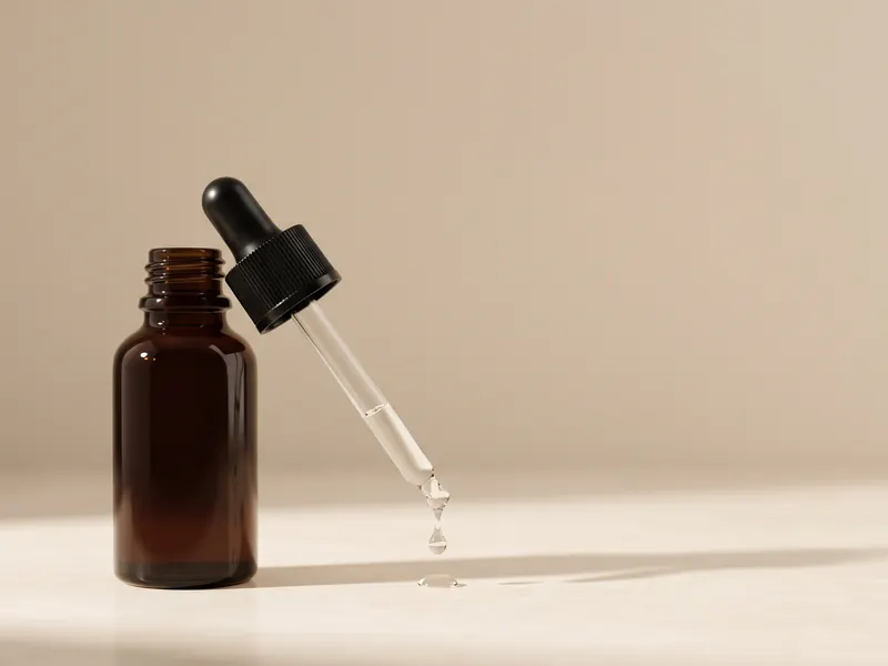 Amber serum bottle with a dropper releasing a single drop
